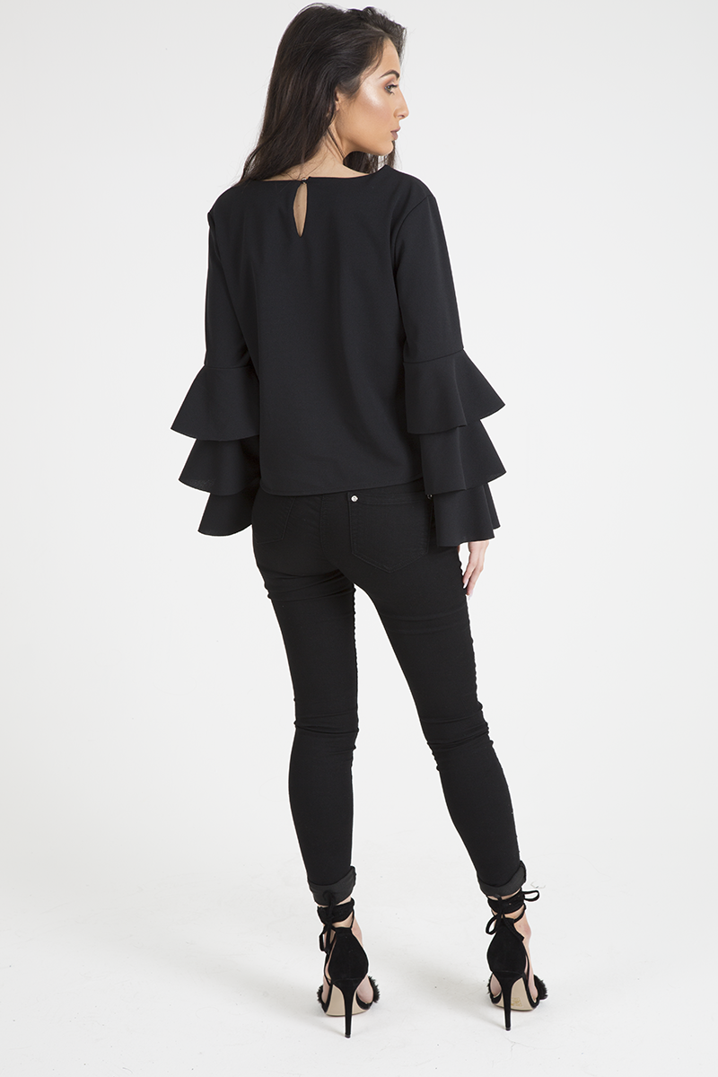 Black Triple Frill Sleeve Top - Clara-Tops