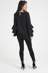 Black Triple Frill Sleeve Top - Clara-Tops