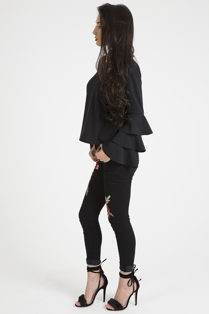 Black Triple Frill Sleeve Top - Clara-Tops