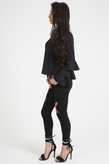 Black Triple Frill Sleeve Top - Clara-Tops