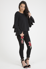 Black Triple Frill Sleeve Top - Clara-Tops