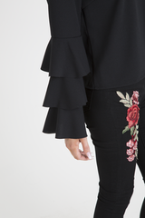 Black Triple Frill Sleeve Top - Clara-Tops
