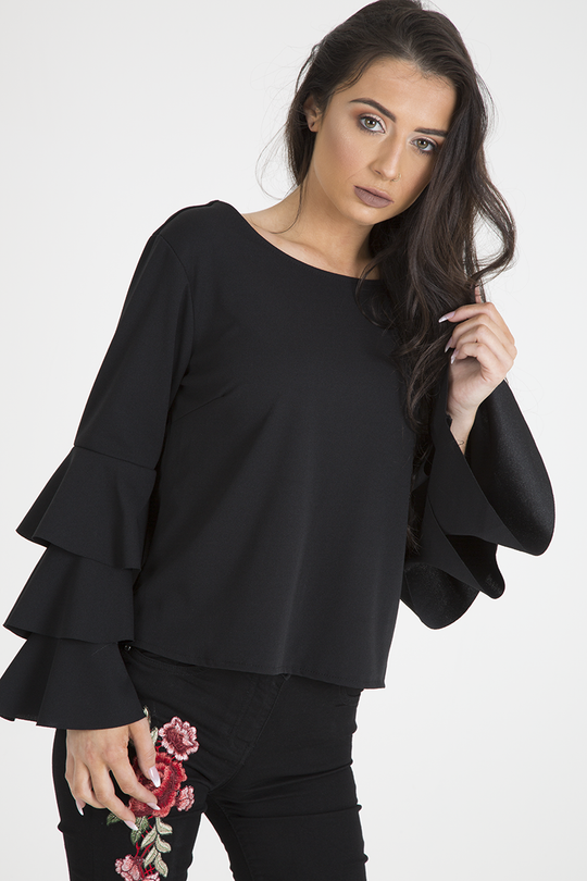 Black Triple Frill Sleeve Top - Clara