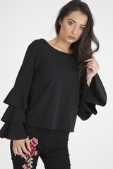 Black Triple Frill Sleeve Top - Clara-Tops