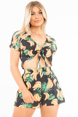 Black Tropical Print Crop Top and Shorts Co-ord - Olivia-Co-ords