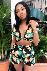 Black Tropical Print Crop Top and Shorts Co-ord - Olivia-Co-ords