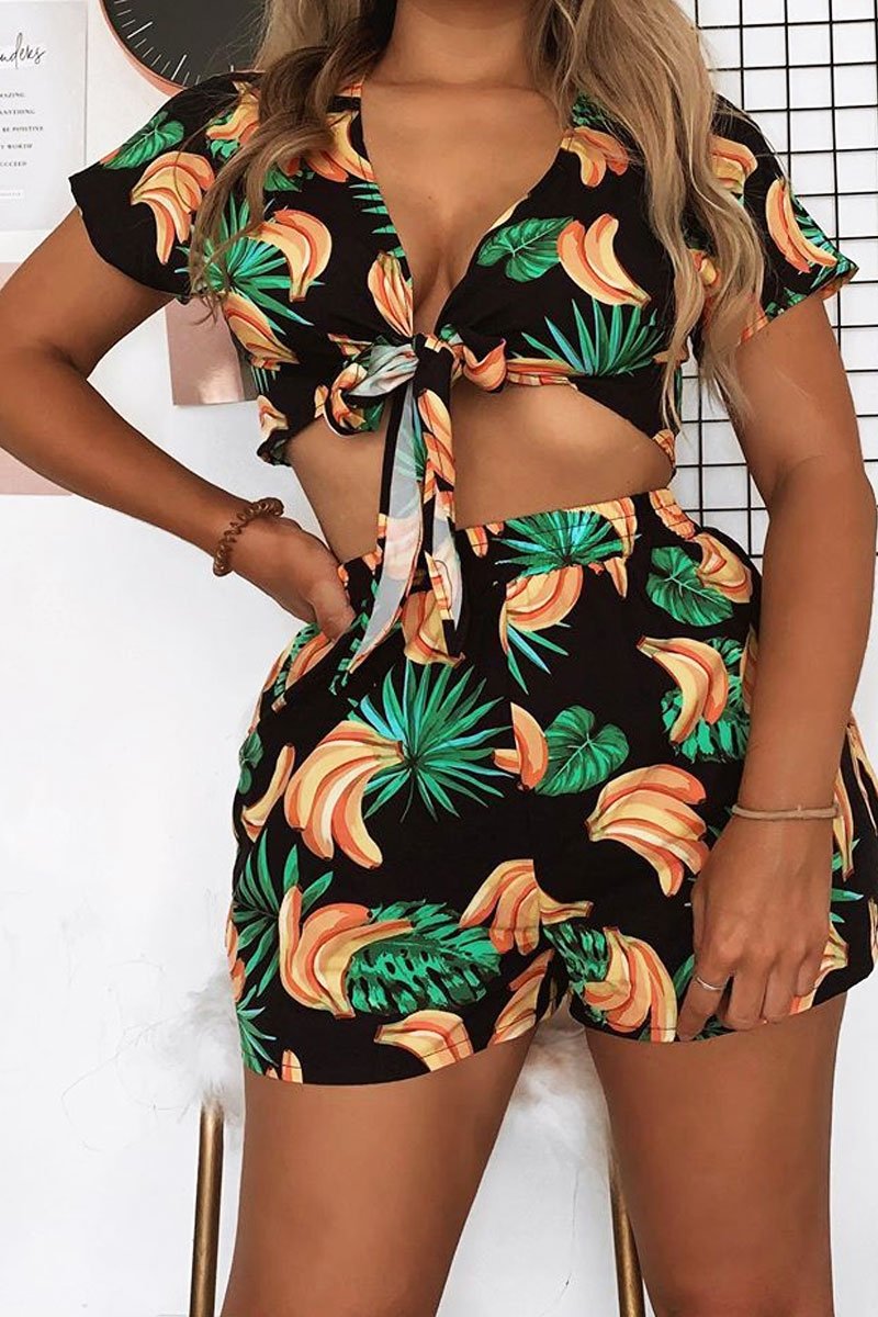 Black Tropical Print Crop Top and Shorts Co-ord - Olivia-Co-ords