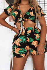 Black Tropical Print Crop Top and Shorts Co-ord - Olivia-Co-ords