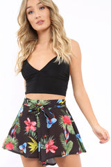 Black Tropical Print Tie Waist Shorts - Tabby-Shorts