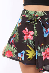 Black Tropical Print Tie Waist Shorts - Tabby-Shorts