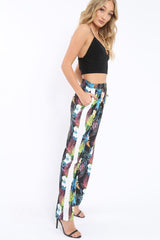 Black Tropical Print Wide Leg Trousers - Ezrie-Trousers