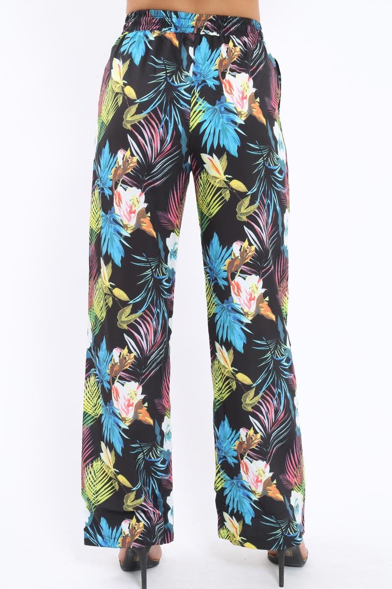 Black Tropical Print Wide Leg Trousers - Ezrie-Trousers
