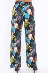 Black Tropical Print Wide Leg Trousers - Ezrie-Trousers