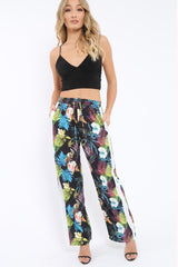 Black Tropical Print Wide Leg Trousers - Ezrie-Trousers