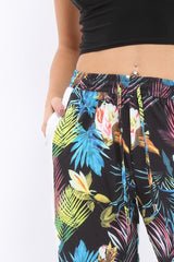 Black Tropical Print Wide Leg Trousers - Ezrie-Trousers