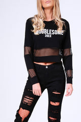 Black 'Troublesome' Slogan Mesh Panel Cropped Jumper - Ollie-Jumper