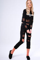 Black 'Troublesome' Slogan Mesh Panel Cropped Jumper - Ollie-Jumper