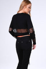 Black 'Troublesome' Slogan Mesh Panel Cropped Jumper - Ollie-Jumper