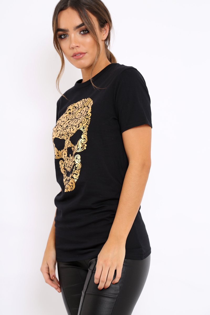 Black Tshirt with Gold Skull Print - Brook-Tops