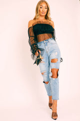 Black Tulle Mesh Bardot Crop Top - Gemini-Crop Tops