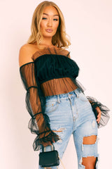 Black Tulle Mesh Bardot Crop Top - Gemini-Crop Tops
