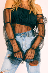 Black Tulle Mesh Bardot Crop Top - Gemini-Crop Tops