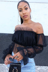 Black Tulle Mesh Bardot Crop Top - Gemini-Crop Tops