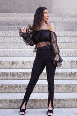 Black Tulle Mesh Bardot Crop Top - Gemini-Crop Tops