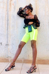 Black Tulle Mesh Bardot Crop Top - Gemini-Crop Tops