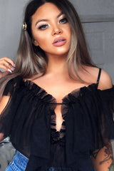 Black Tulle Ruffle Bodysuit - Irelia-Bodysuits