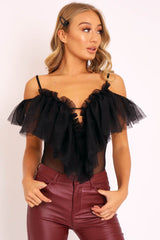 Black Tulle Ruffle Bodysuit - Irelia-Bodysuits