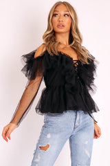Black Tulle Ruffle Mesh Long Sleeve Tie Front Top - Abbi-Tops