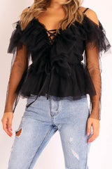 Black Tulle Ruffle Mesh Long Sleeve Tie Front Top - Abbi-Tops