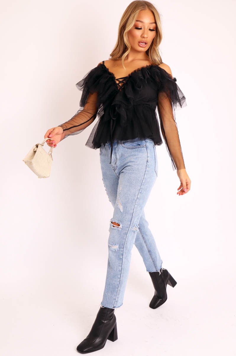 Black Tulle Ruffle Mesh Long Sleeve Tie Front Top - Abbi-Tops