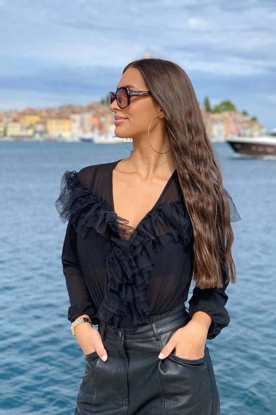 Black Tulle Ruffle Plunge Bodysuit - Jolie