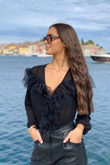 Black Tulle Ruffle Plunge Bodysuit - Jolie-Bodysuits