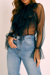 Black Tulle Ruffle Tie Detail Shirt - Vanessa-Shirts