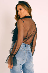 Black Tulle Ruffle Tie Detail Shirt - Vanessa-Shirts