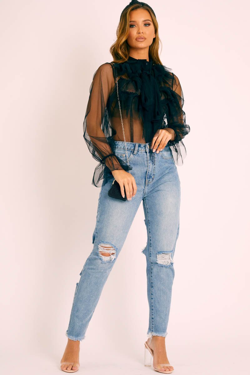 Black Tulle Ruffle Tie Detail Shirt - Vanessa-Shirts