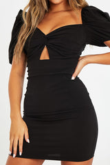 Black Twist Front Puff Sleeve Mini Dress - Dalexa-Dresses