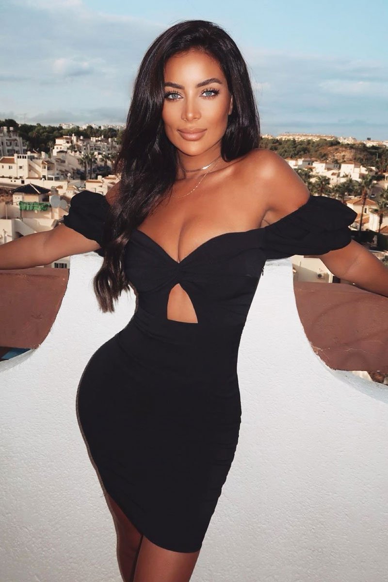 Black Twist Front Puff Sleeve Mini Dress - Dalexa-Dresses