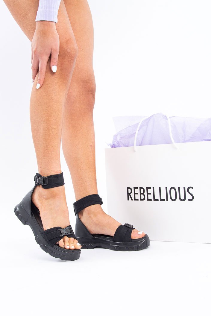 Black Utility Buckle Strap Chunky Sandals - Georgena-Shoes