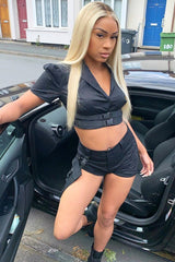 Black Utility Cargo Short and Buckle Crop Shirt Co-ord - Saisha-Co-ords