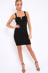 Black V Cut Pearl Bodycon Mini Dress - Sherrie-Dresses
