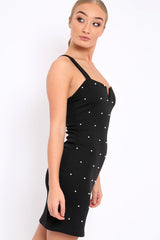 Black V Cut Pearl Bodycon Mini Dress - Sherrie-Dresses