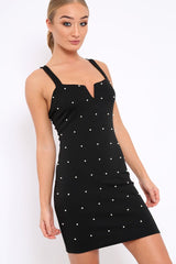 Black V Cut Pearl Bodycon Mini Dress - Sherrie-Dresses