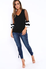 Black V Neck Jumper with Mesh Ruffled Sleeves - Amirah-Jumper