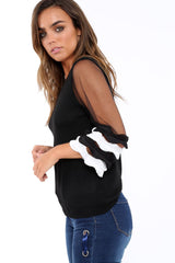 Black V Neck Jumper with Mesh Ruffled Sleeves - Amirah-Jumper