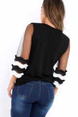 Black V Neck Jumper with Mesh Ruffled Sleeves - Amirah-Jumper