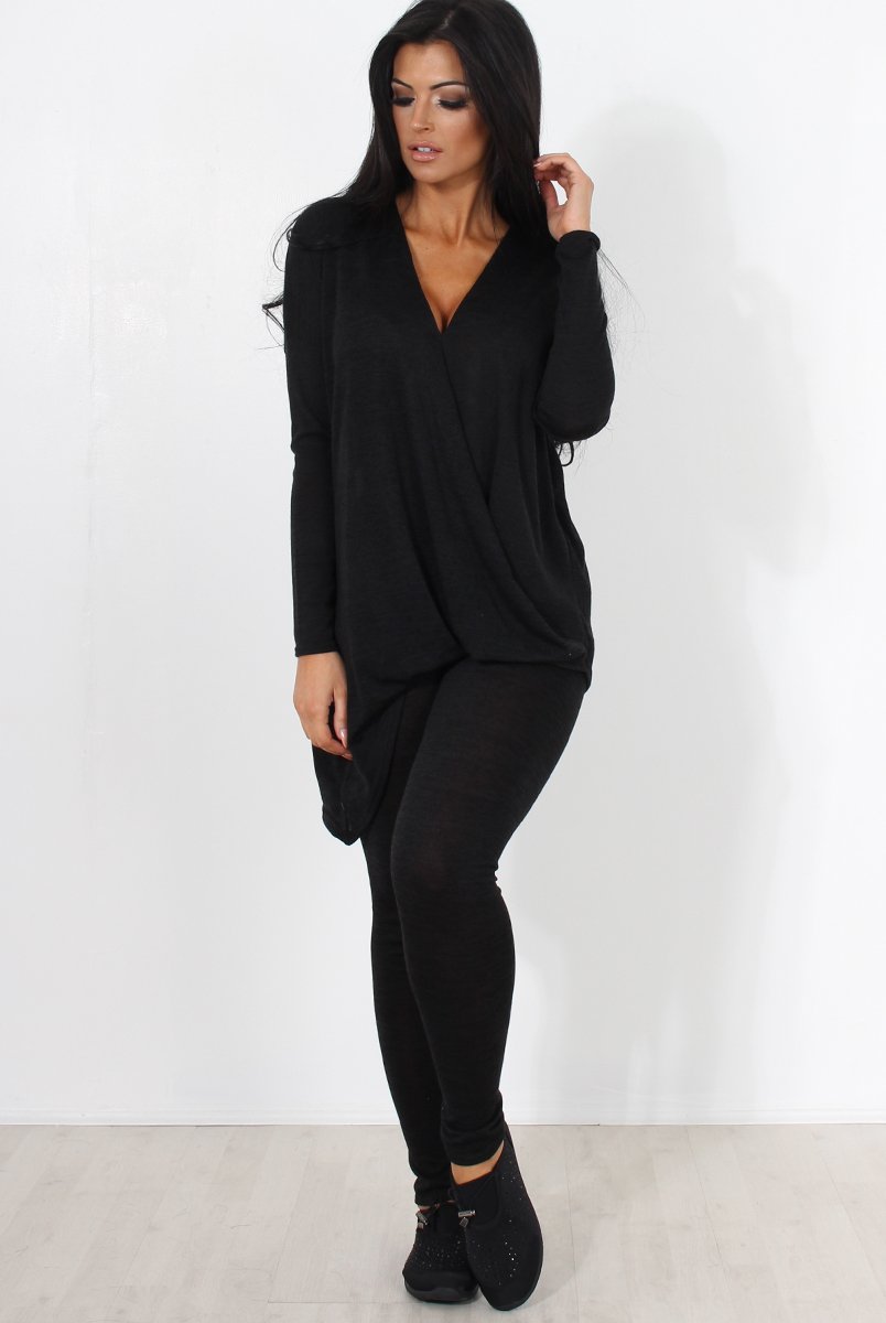 Black V Neck Loungewear Set-Kimi-Loungewear